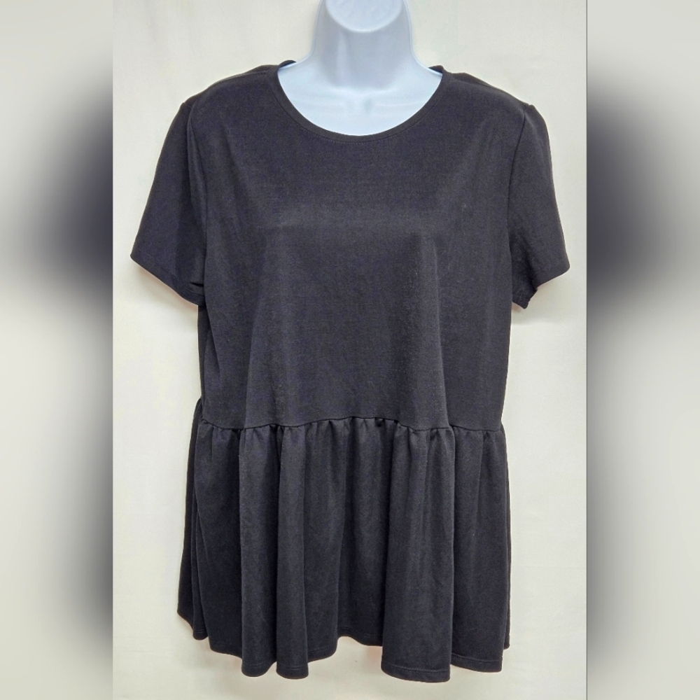 Zara L Black Baby Doll Top Short Sleeves Gathered Skirted Waist